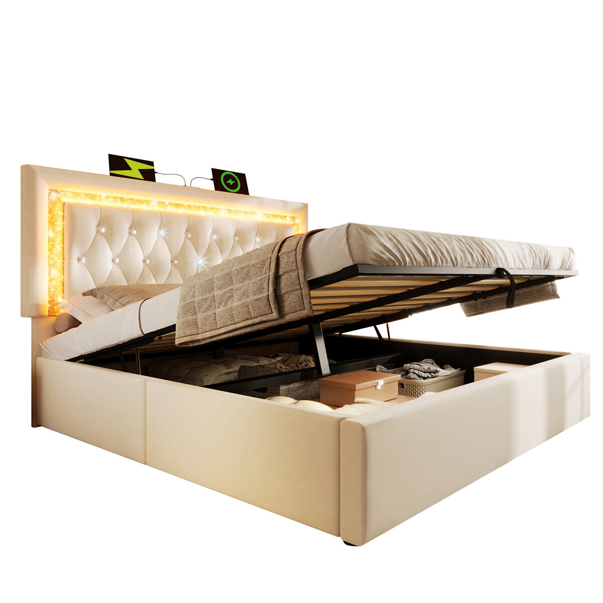Cama de casal de veludo 180x200 cm com armazenamento e luz led,bege