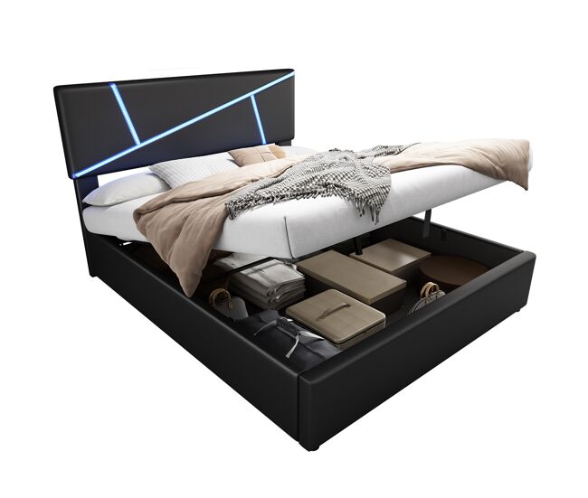 Cama de casal de pu 140x200 cm com armazenamento e luz led,preto
