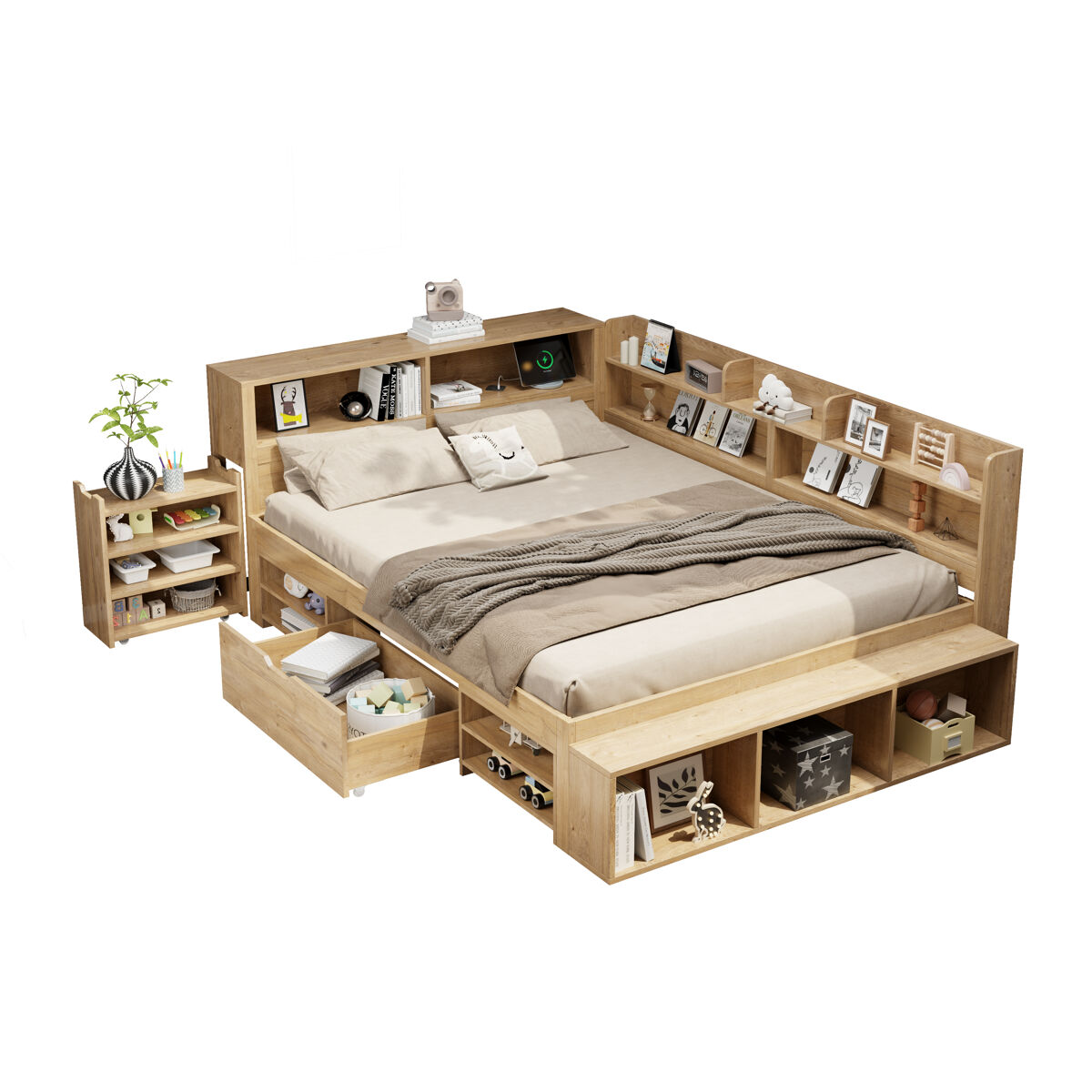Cama juvenil,cama de casal de madeira 140x200 cm,natural