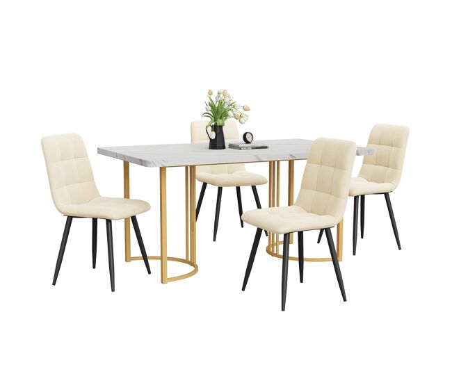 Conjunto de sala de jantar 140x80cm - mesa de cozinha com 4 cadeiras, pernas metálicas douradas, estofamento bege