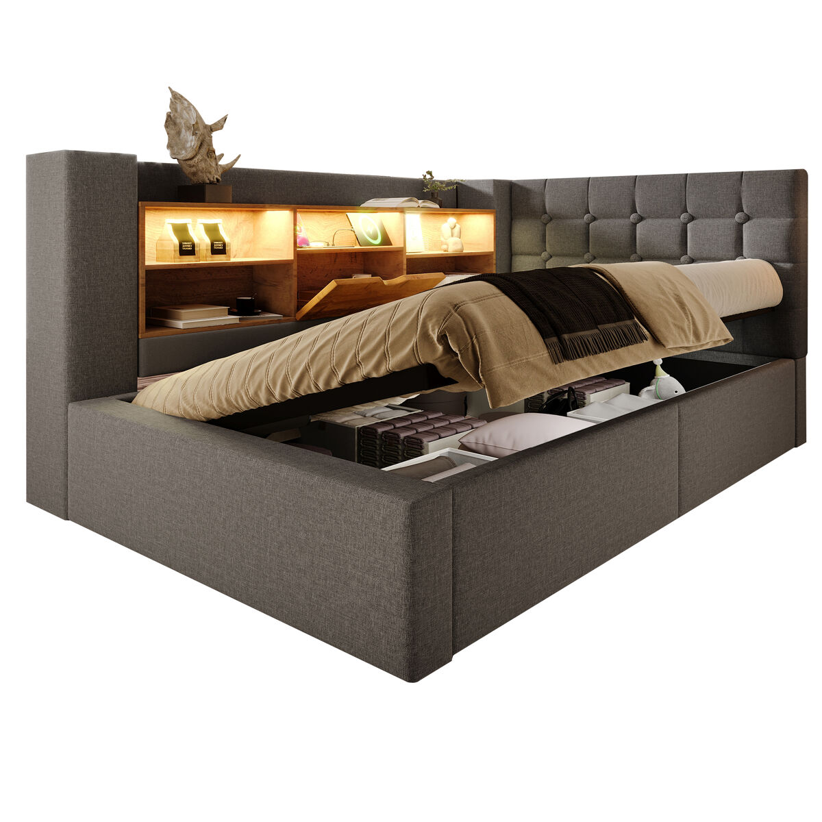 Cama de solteiro de linho 90x190 cm com armazenamento e luz led,cinza
