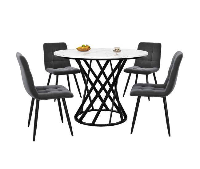 Conjunto de mesa e cadeiras 80 cm - mesa redonda com pernas metálicas pretas, cadeiras de veludo