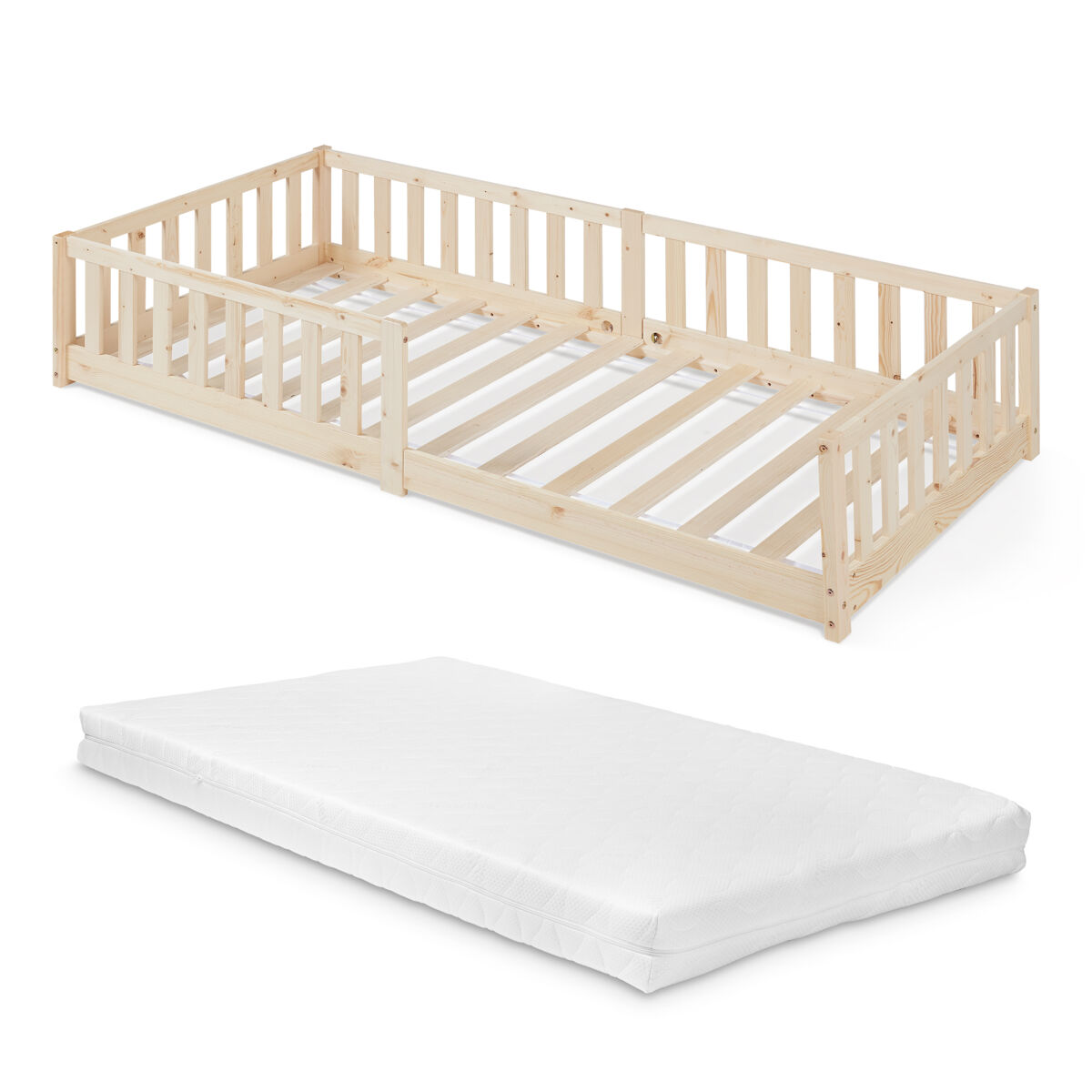 Cama infantil montessori tanna com grade e colchão 90x200cm natural [en.casa]