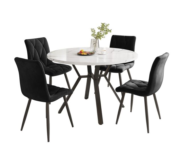 Conjunto de sala de jantar de 5 peças - mesa redonda de mármore com pernas metálicas pretas - 4 cadeiras ergonómicas de couro preto