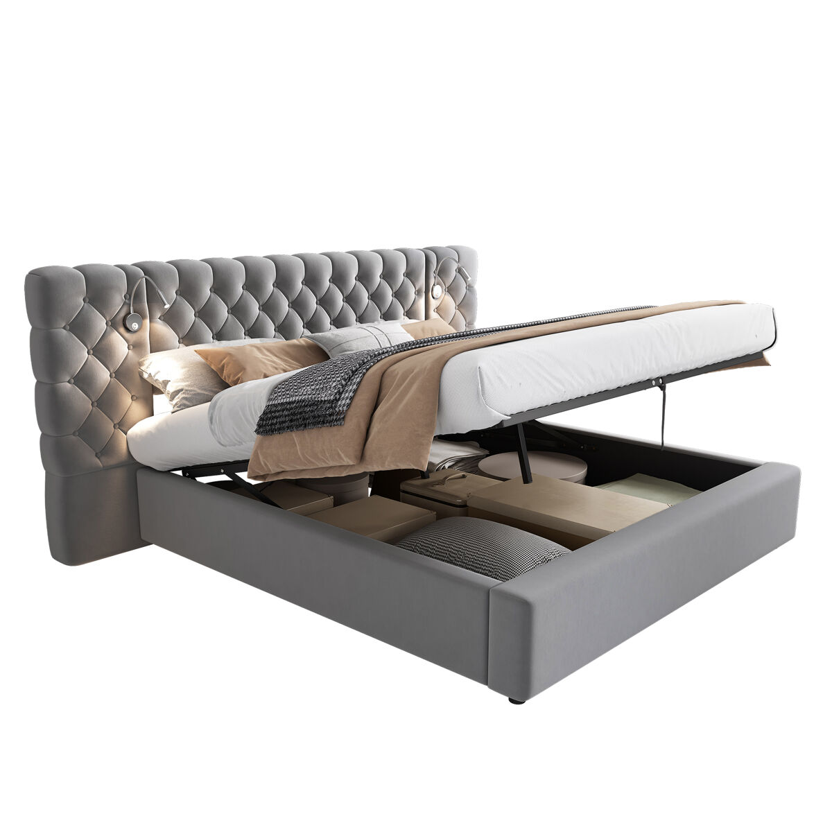 Cama de casal de veludo 180x200 cm com armazenamento e luz led,cinza