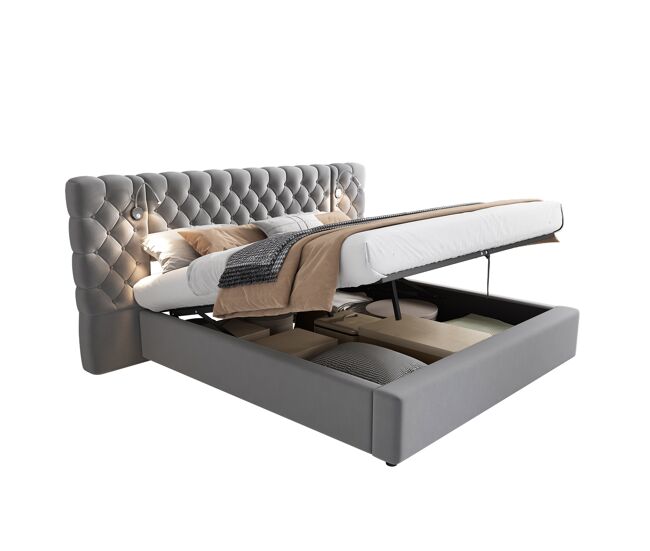 Cama de casal de veludo 180x200 cm com armazenamento e luz led,cinza