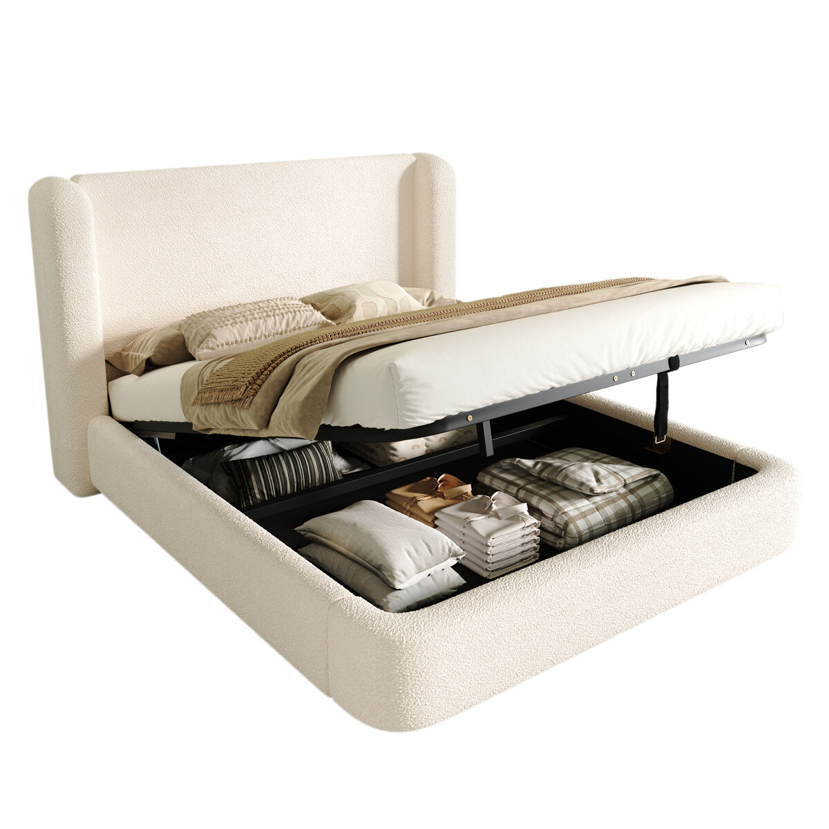 Cama de casal de tecido 160x200 cm com armazenamento,bege