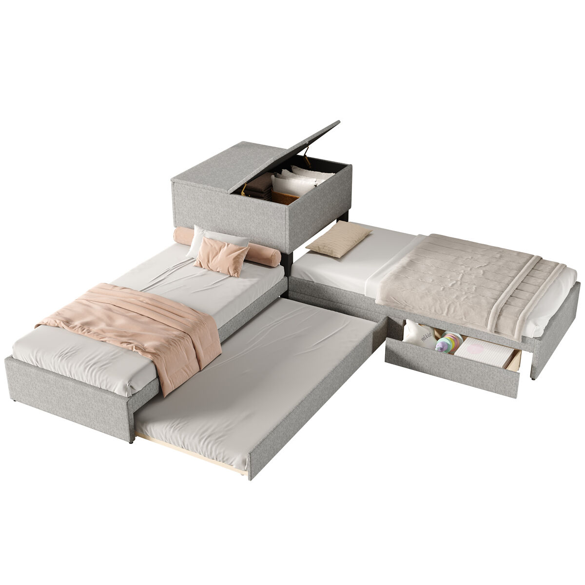 Cama gavetão de linho 90x200 cm,cinza