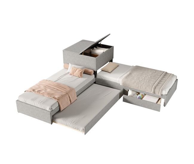 Cama gavetão de linho 90x200 cm,cinza