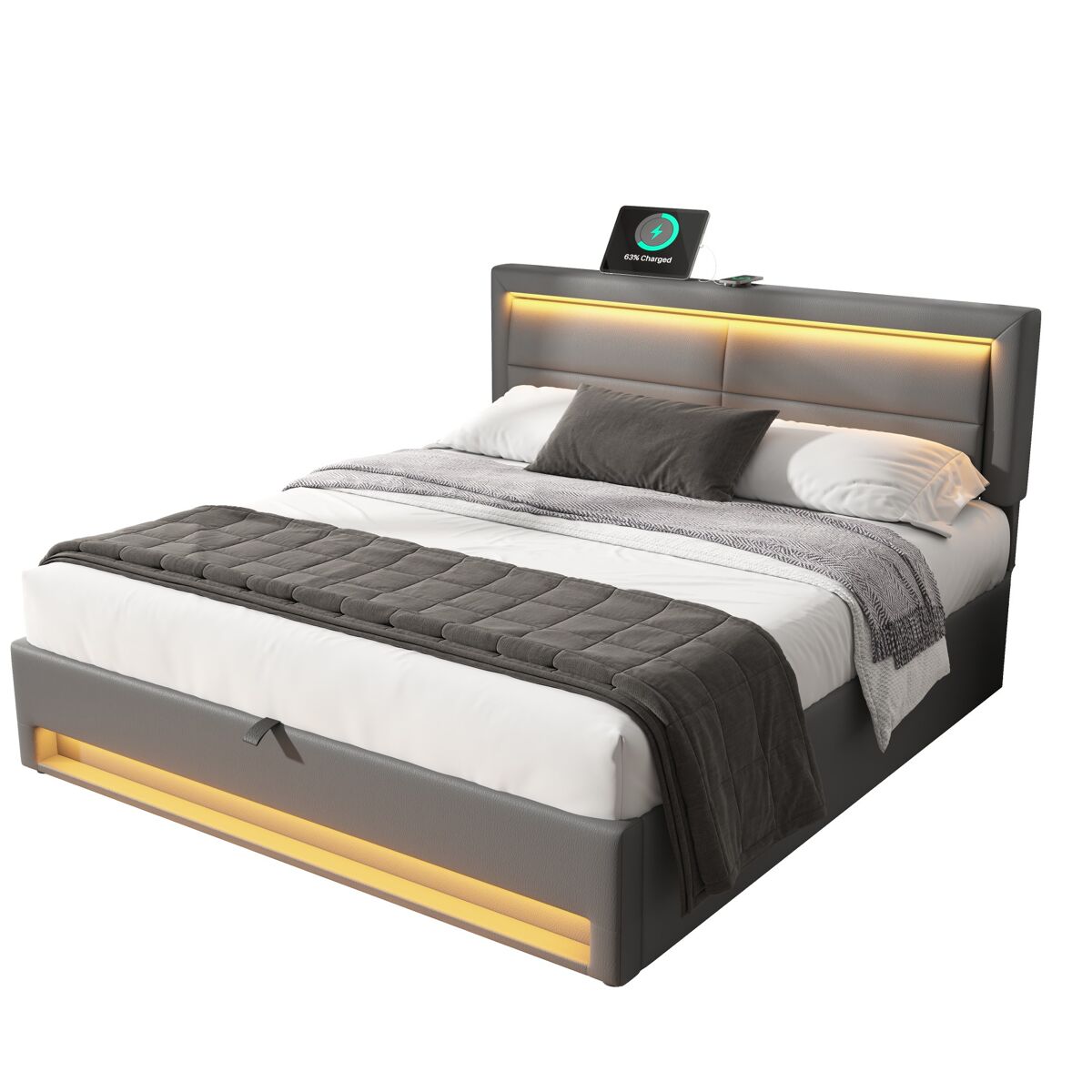 Cama de casal de pu com armazenamento