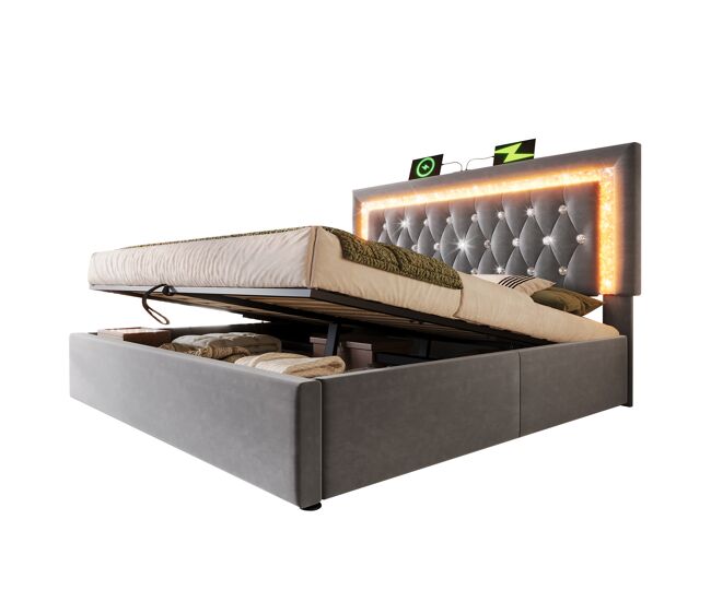 Cama de casal de veludo 160x200 cm com armazenamento e luz led,cinza