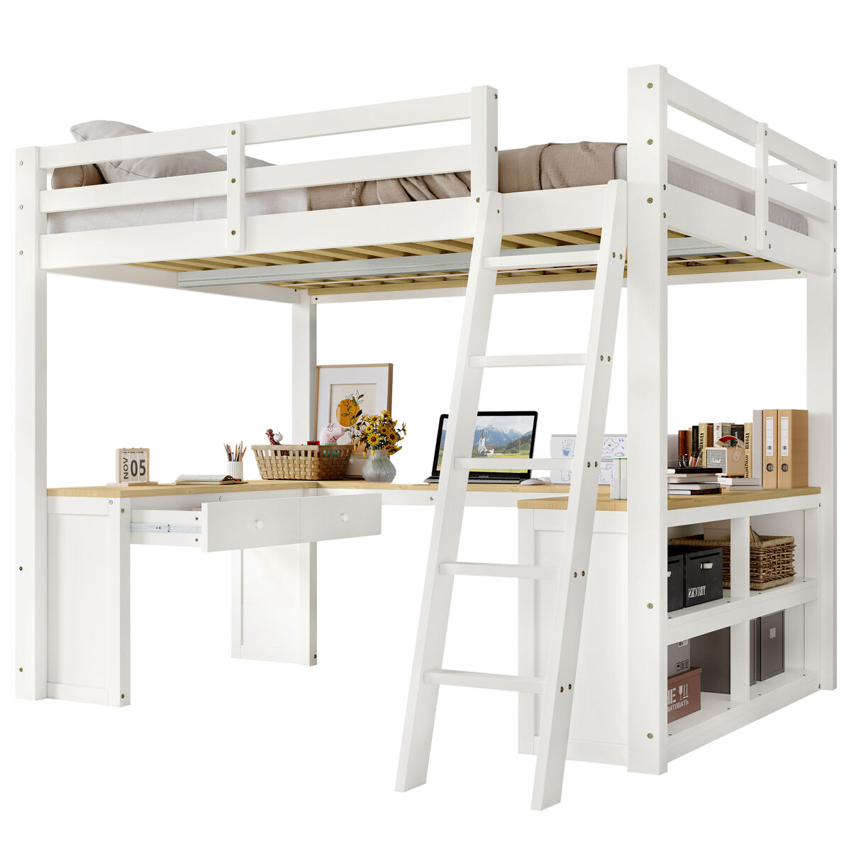 Cama alta,cama de criança de madeira de pinho 140x200 cm,branco+natural