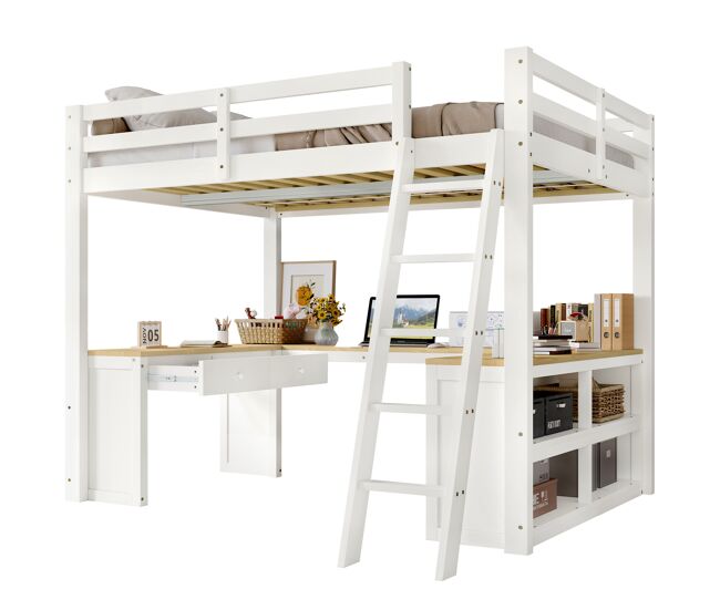 Cama alta,cama de criança de madeira de pinho 140x200 cm,branco+natural
