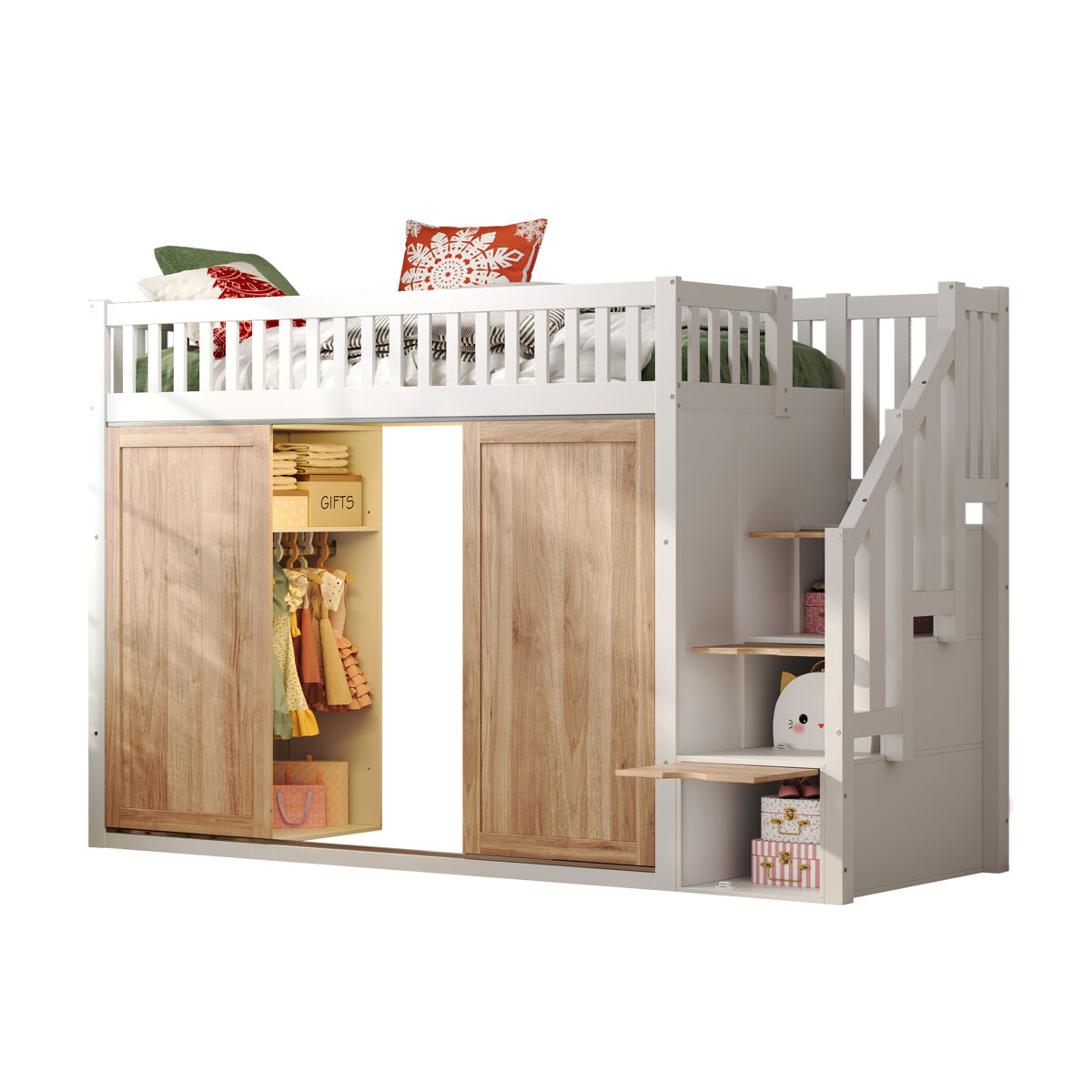 Cama alta,cama de criança de madeira maciça 90x200 cm,branco+natural