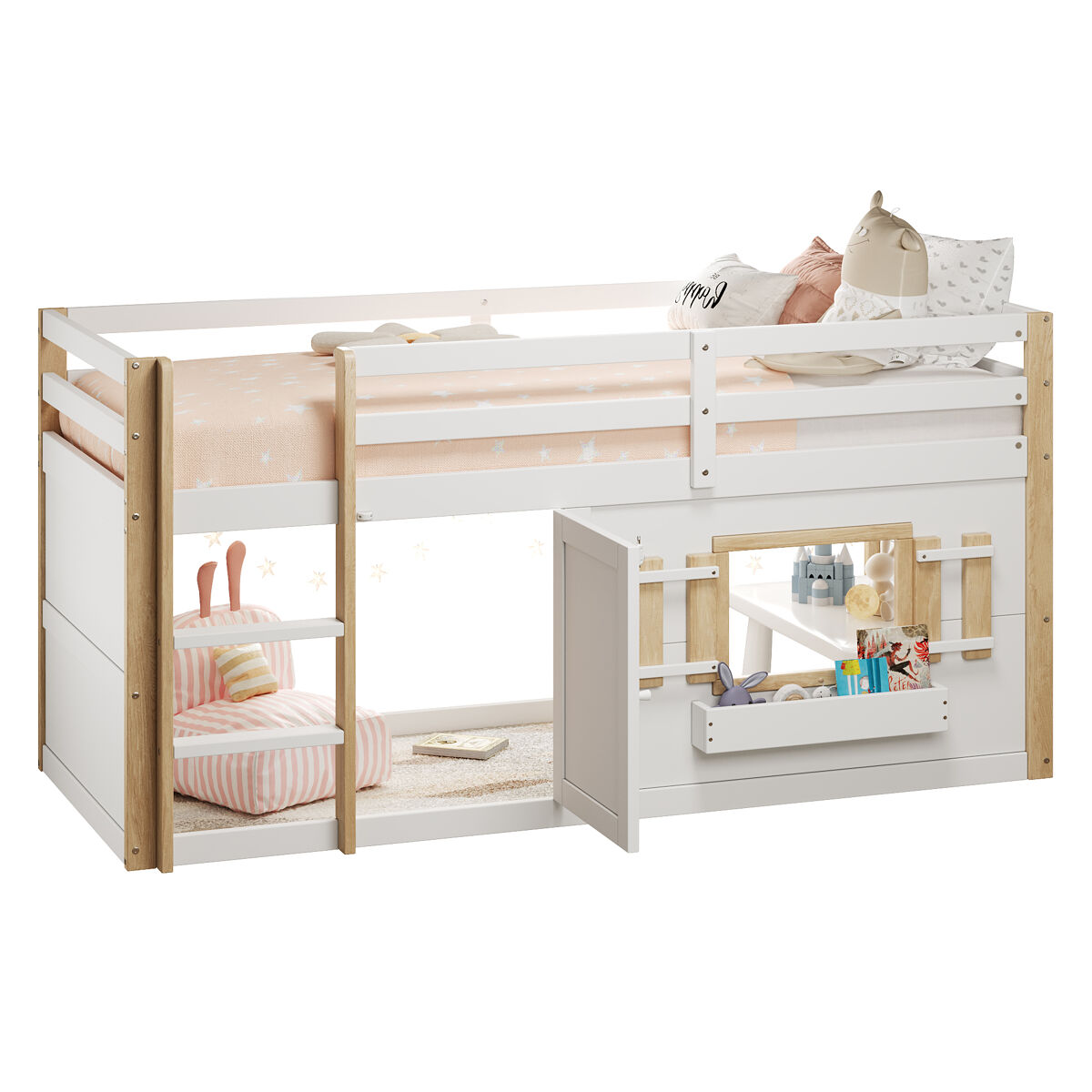 Cama alta,cama de criança de madeira maciça 90x200 cm,branco+natural