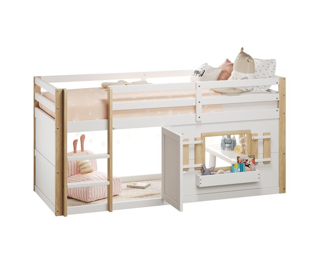Cama alta,cama de criança de madeira maciça 90x200 cm,branco+natural