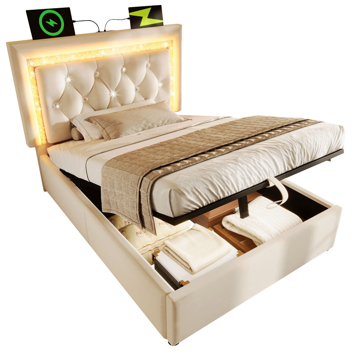 Cama de solteiro de veludo 90x200 cm com armazenamento e luz led,bege