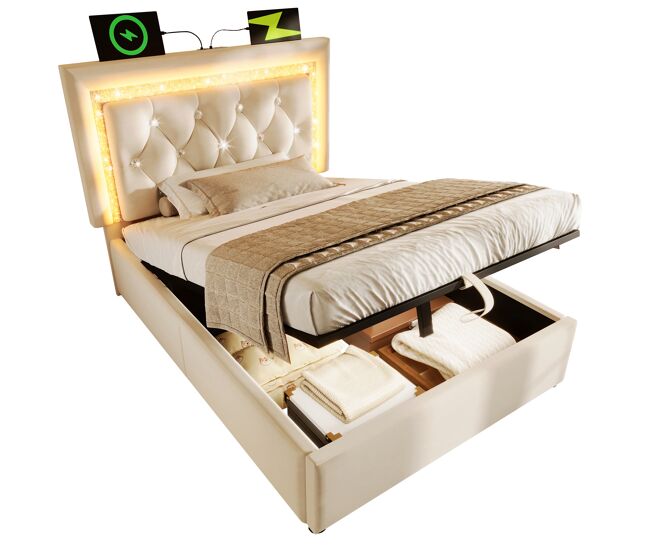 Cama de solteiro de veludo 90x200 cm com armazenamento e luz led,bege