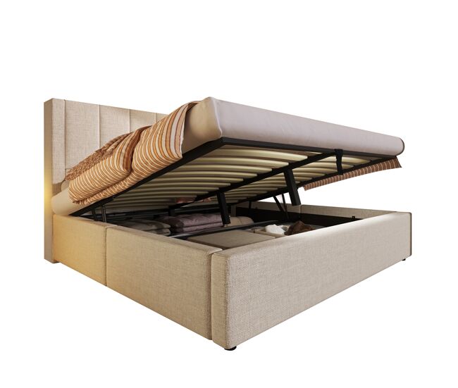 Cama de casal de linho 140x200 cm com armazenamento,bege