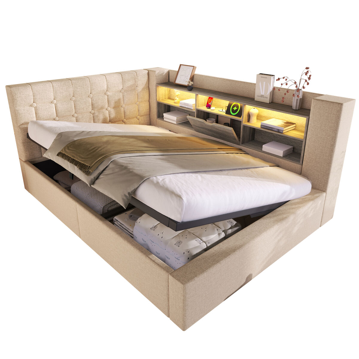 Cama de casal de linho 140x190 cm com armazenamento e luz led,bege