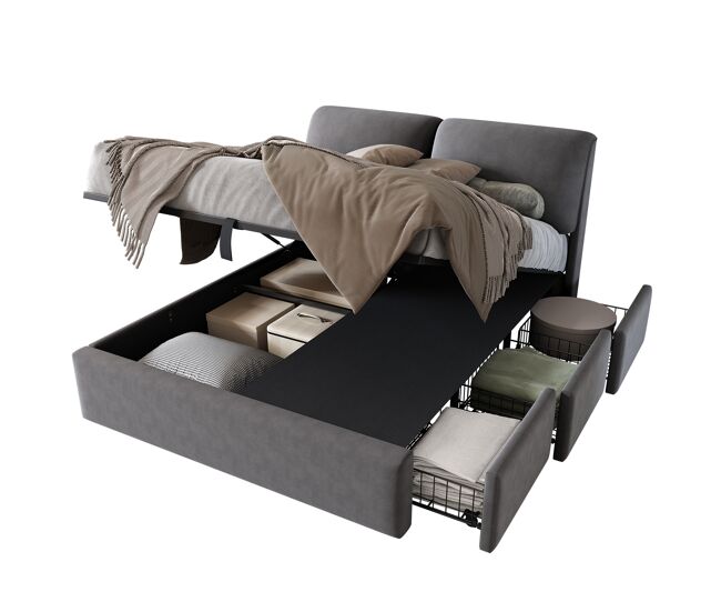 Cama de casal de veludo 160x200 cm com armazenamento,cinza
