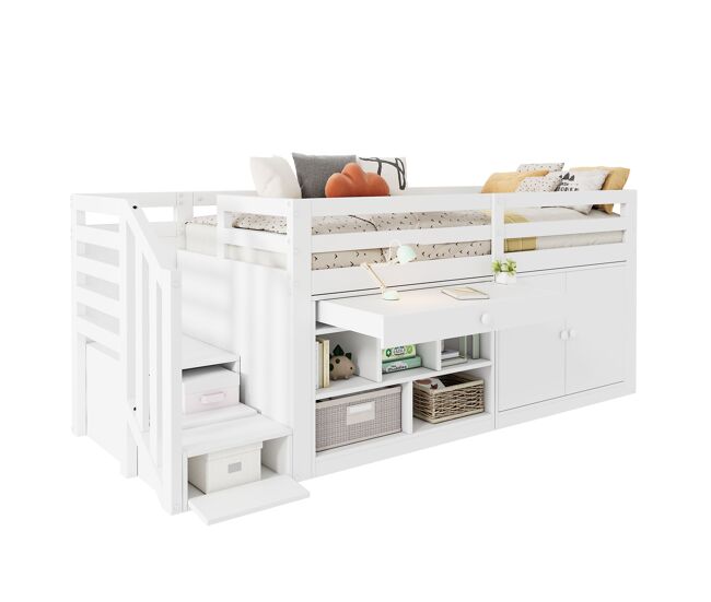 Cama alta,cama de criança de madeira maciça 90x200 cm,branco