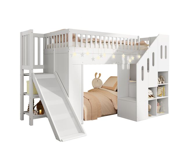 Cama alta,cama de criança de madeira de pinho 90x200 cm com luz led,branco