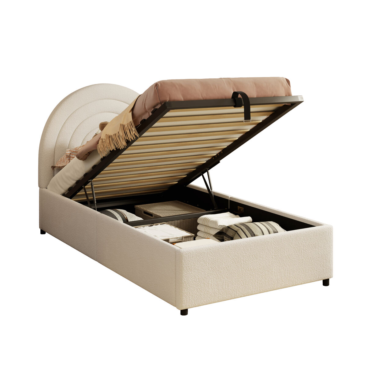 Cama com armazenamento,cama de criança,cama de solteiro de tecido 90x200 cm,bege