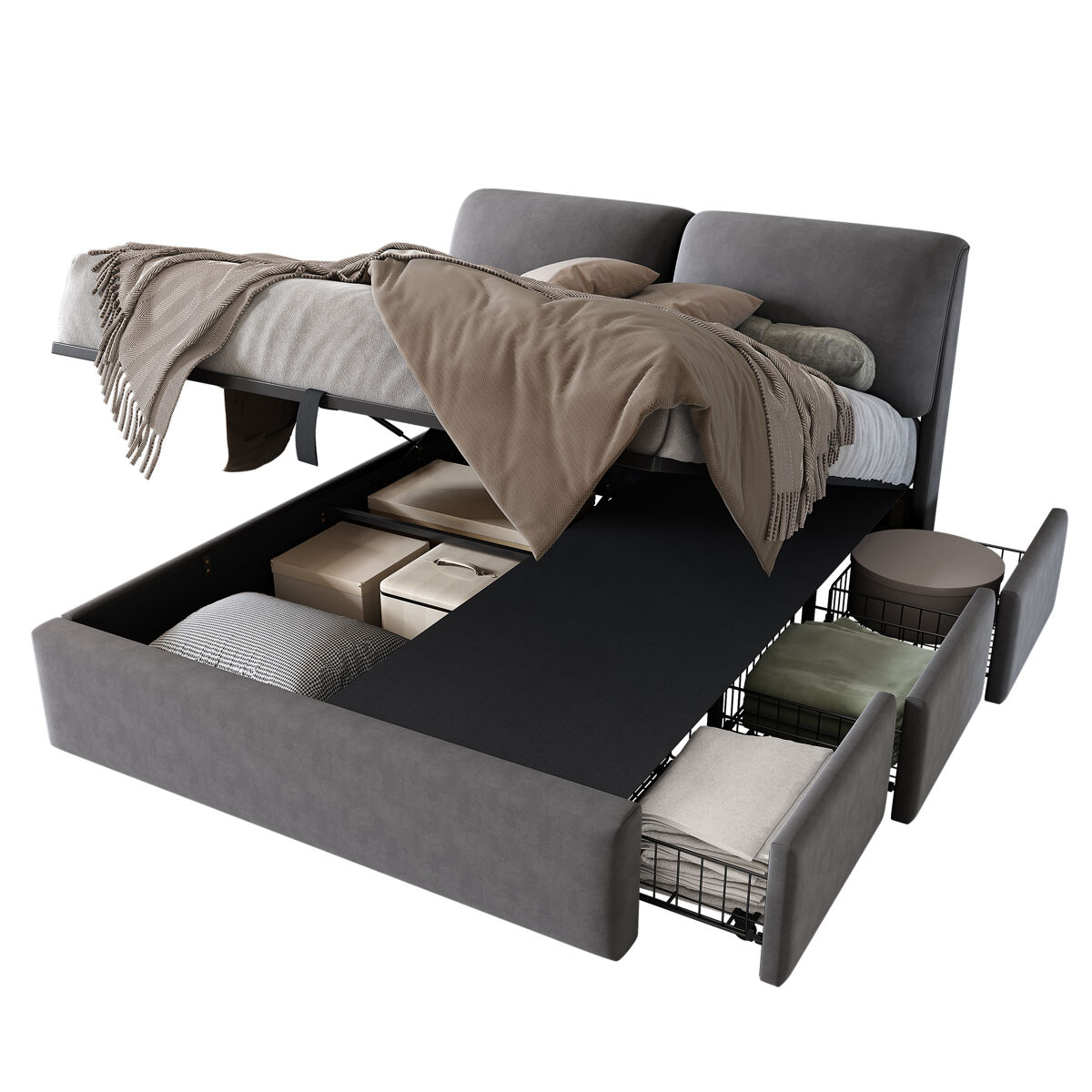 Cama de casal de veludo 140x200 cm com armazenamento,cinza