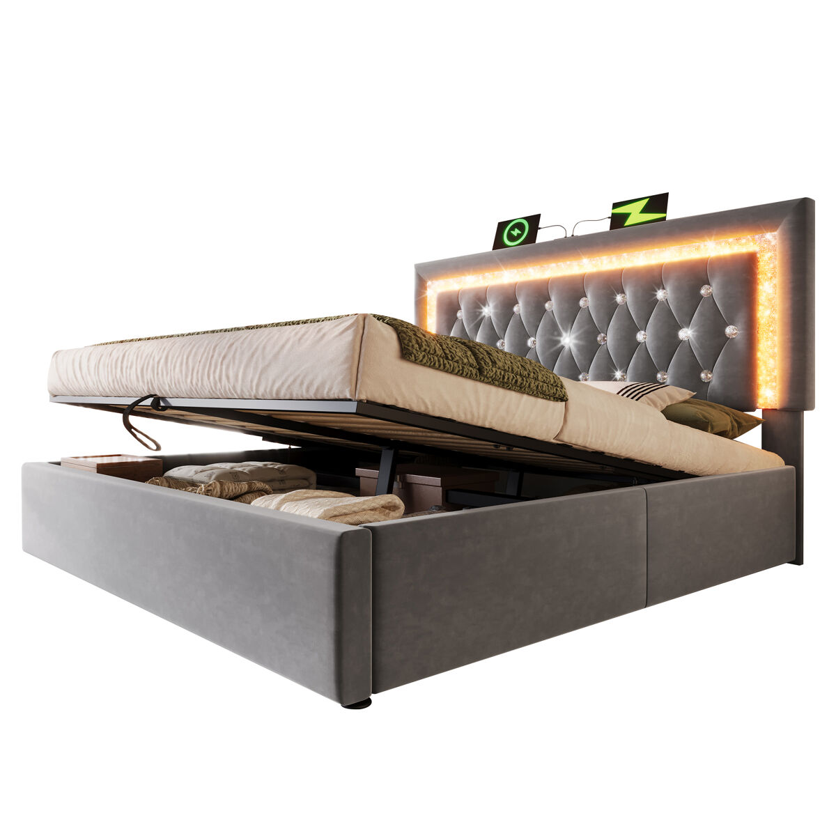 Cama de casal de veludo 180x200 cm com armazenamento e luz led,cinza