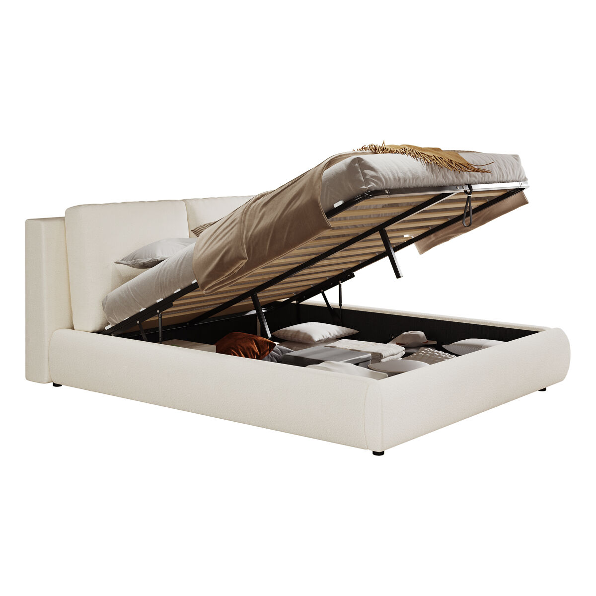 Cama de casal de tecido 180x200 cm com armazenamento,bege