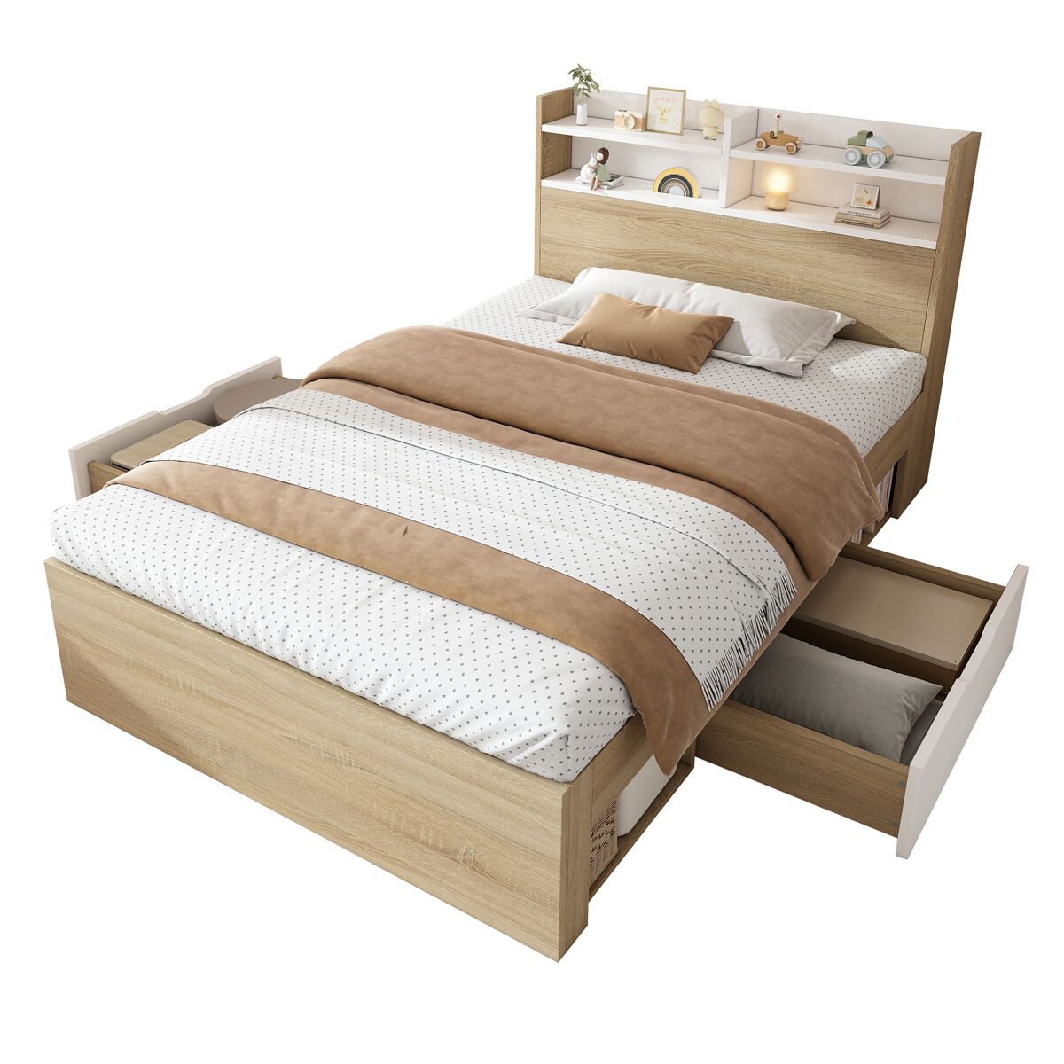 Cama de solteiro de madeira maciça 90x200 cm,natural+branco