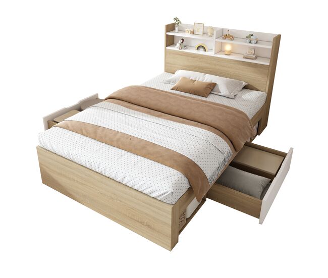 Cama de solteiro de madeira maciça 90x200 cm,natural+branco