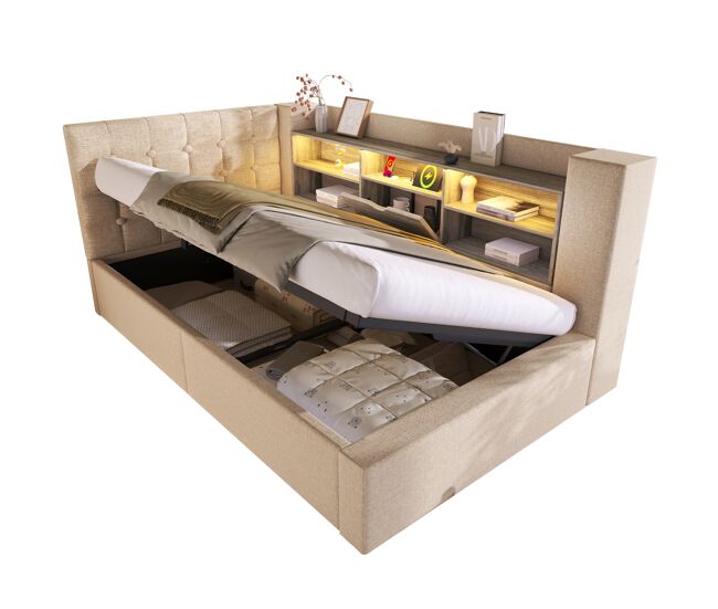 Cama de solteiro de linho 90x190 cm com armazenamento e luz led,bege