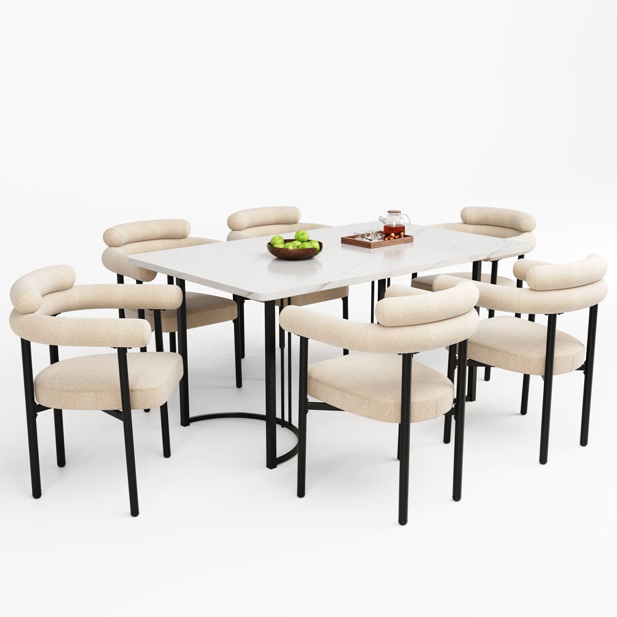 Conjunto de sala de jantar de 7 peças - mesa com pernas metálicas de design - 6 cadeiras com assento em camurça bege