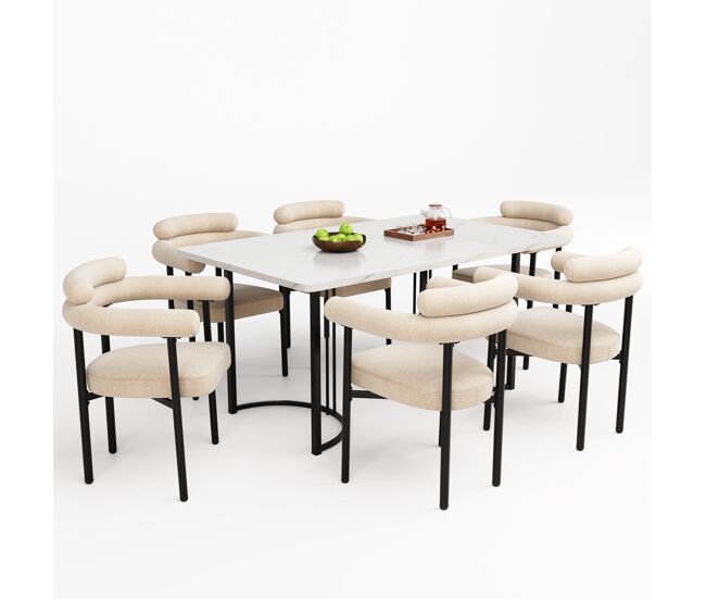 Conjunto de sala de jantar de 7 peças - mesa com pernas metálicas de design - 6 cadeiras com assento em camurça bege