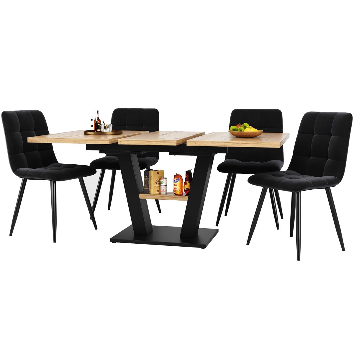 Conjunto de sala de jantar extensível 118-157x70 cm - 4 cadeiras, mesa com pernas em v - preto, natural