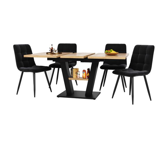 Conjunto de sala de jantar extensível 118-157x70 cm - 4 cadeiras, mesa com pernas em v - preto, natural