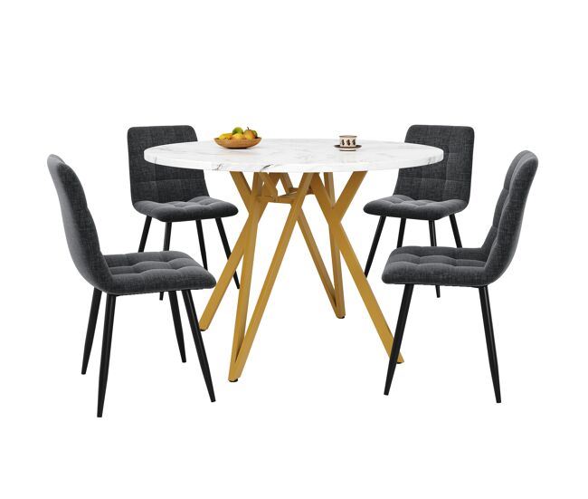 Conjunto de mesa e cadeiras 5 peças - mesa redonda 100 cm, pernas metálicas douradas, cadeira cinzenta