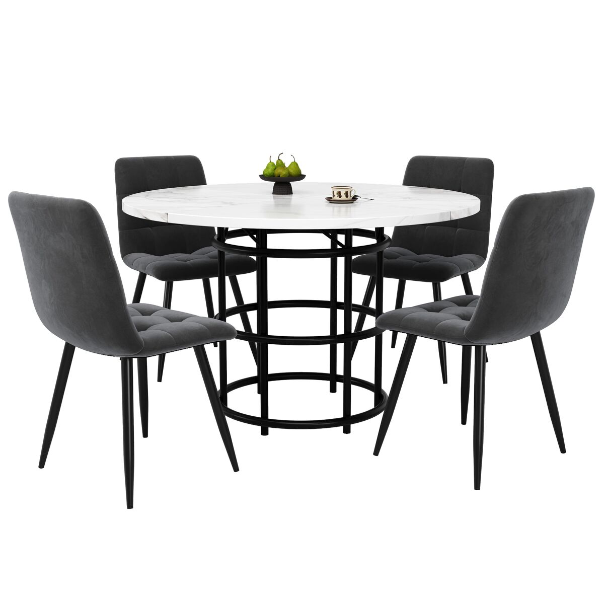 Conjunto de sala de jantar de 5 peças - mesa redonda de 100 cm - 4 cadeiras de veludo cinzento - preto