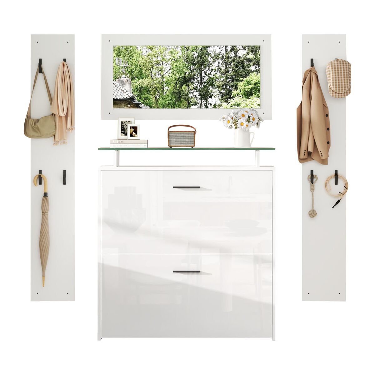 Móvel de entrada 89,5x23x96,5 cm - 4 peças com espelho, 2 prateleiras para chapéus, sapateira de alto brilho, 8 ganchos - branco