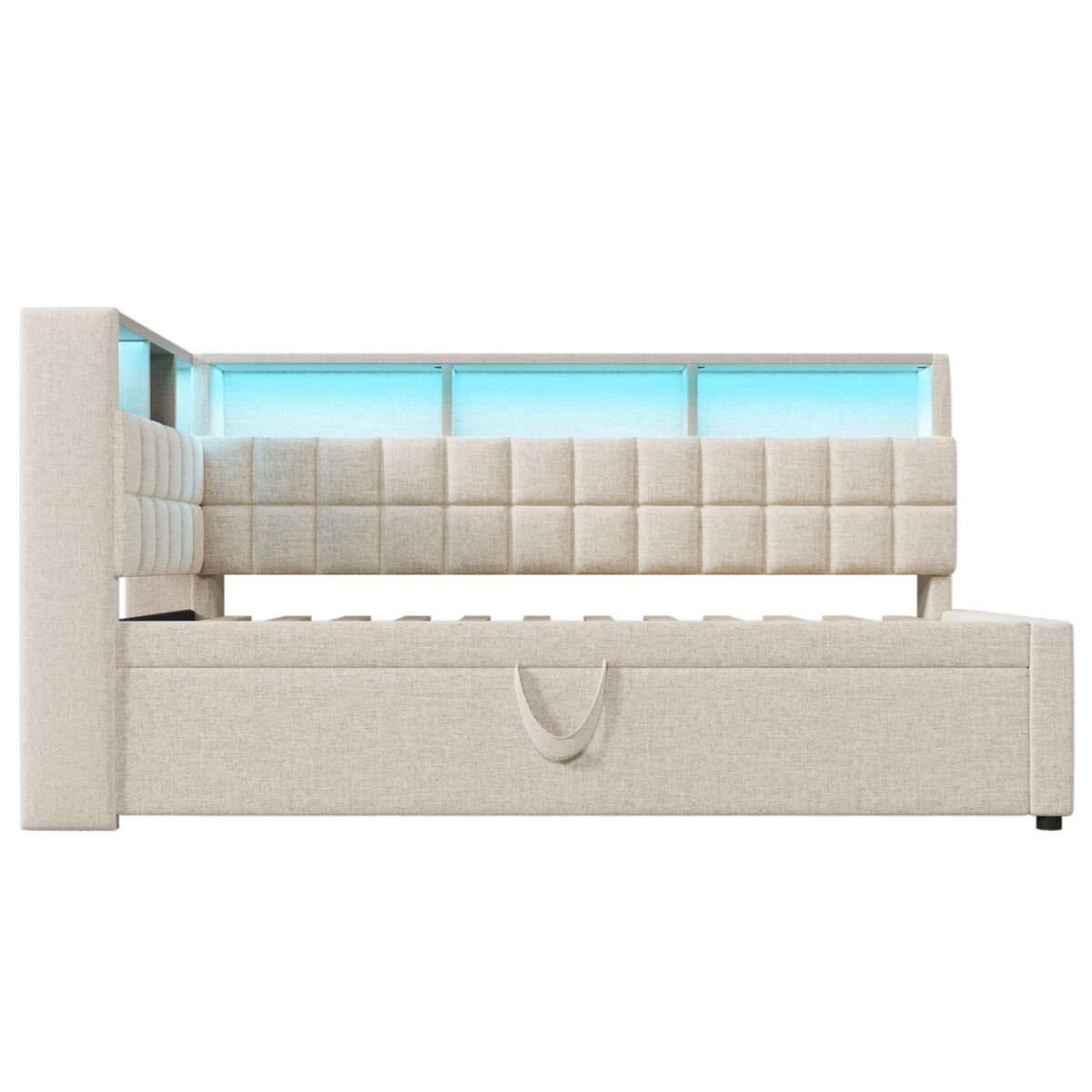 Cama individual 90x200 - polipiel com led, bluetooth, usb/type-c, cabeceira em l com arrumação - bege