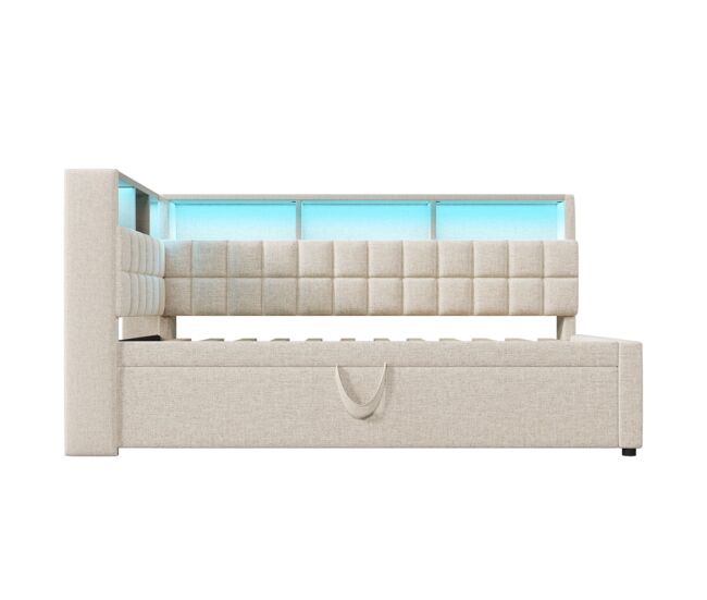 Cama individual 90x200 - polipiel com led, bluetooth, usb/type-c, cabeceira em l com arrumação - bege