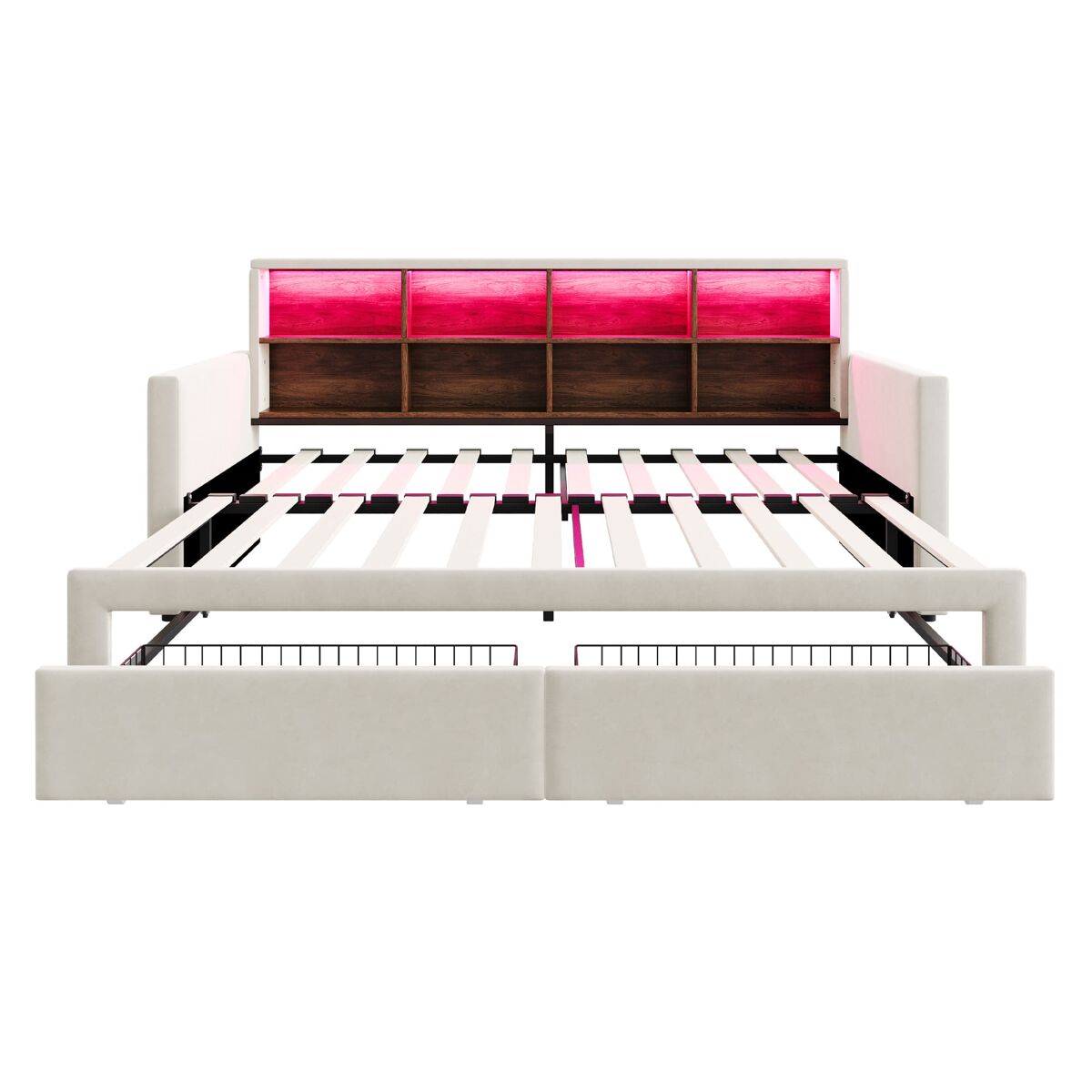 Sofá-cama extensível 90/180x190 cm - cabeceira com arrumação, led, 2 gavetas, ripas, bege