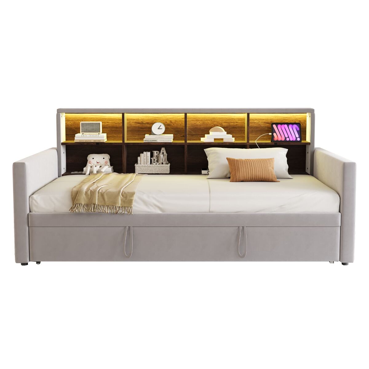 Sofá-cama 90x190 cm - cabeceira com arrumação, luz led, tomadas, cama extensível, estofamento em veludo - cinza claro