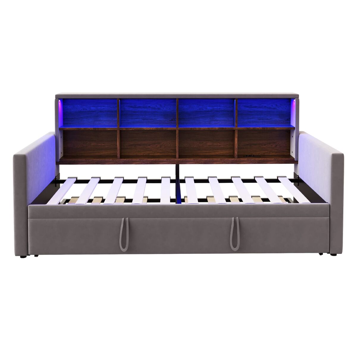 Sofá-cama 90x190 cm - cabeceira com arrumação, luzes led e tomadas, com cama extensível, estofado em veludo, cinza escuro