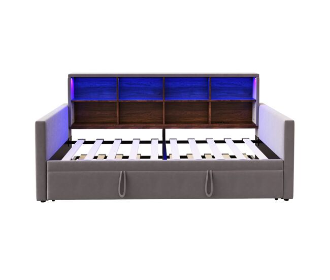 Sofá-cama 90x190 cm - cabeceira com arrumação, luzes led e tomadas, com cama extensível, estofado em veludo, cinza escuro