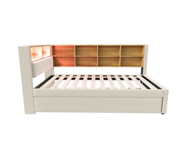 Sofá-cama 90x200 - cama extraível 90x190, com luzes led, tomadas e compartimentos, bege