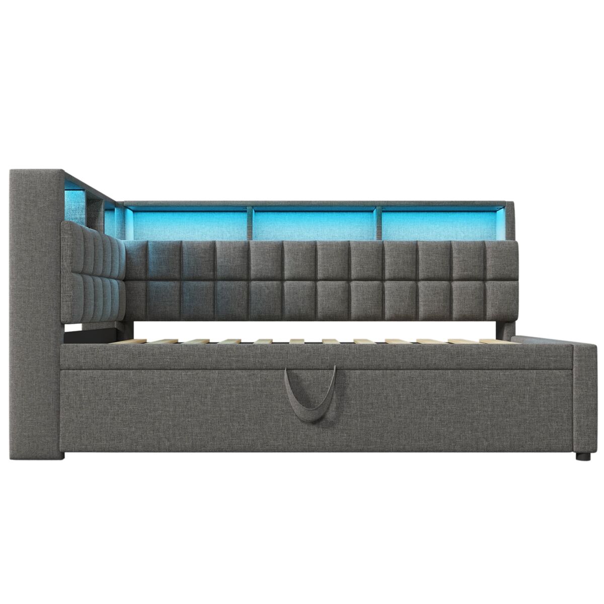 Cama individual 90x200 - com cama extra, led, altifalante bluetooth, usb/type-c, prateleira - cinza