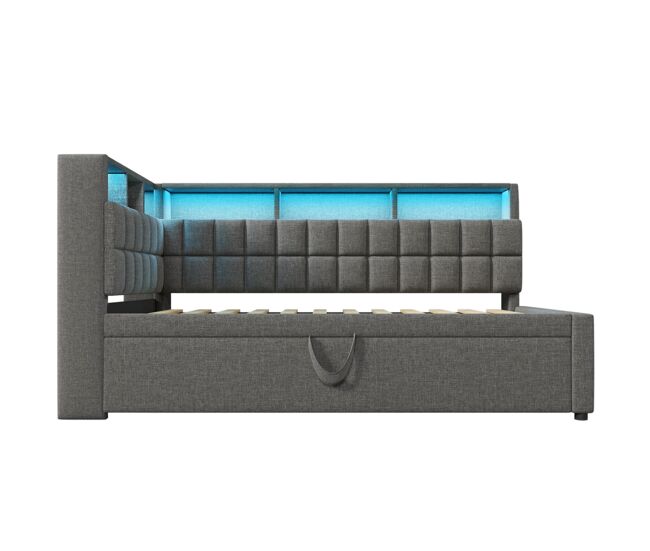 Cama individual 90x200 - com cama extra, led, altifalante bluetooth, usb/type-c, prateleira - cinza